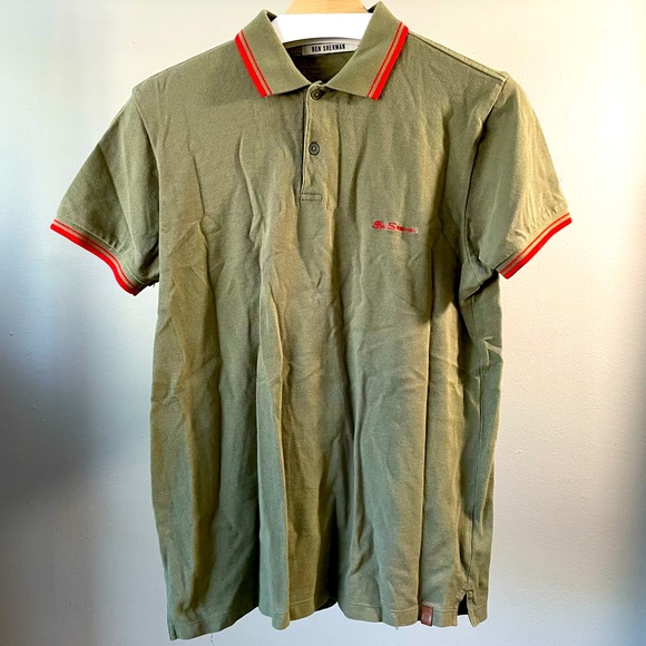 Ben Sherman twin Tipped Short Sleeve Polo Olive Green & Red - Picture 1 of 4